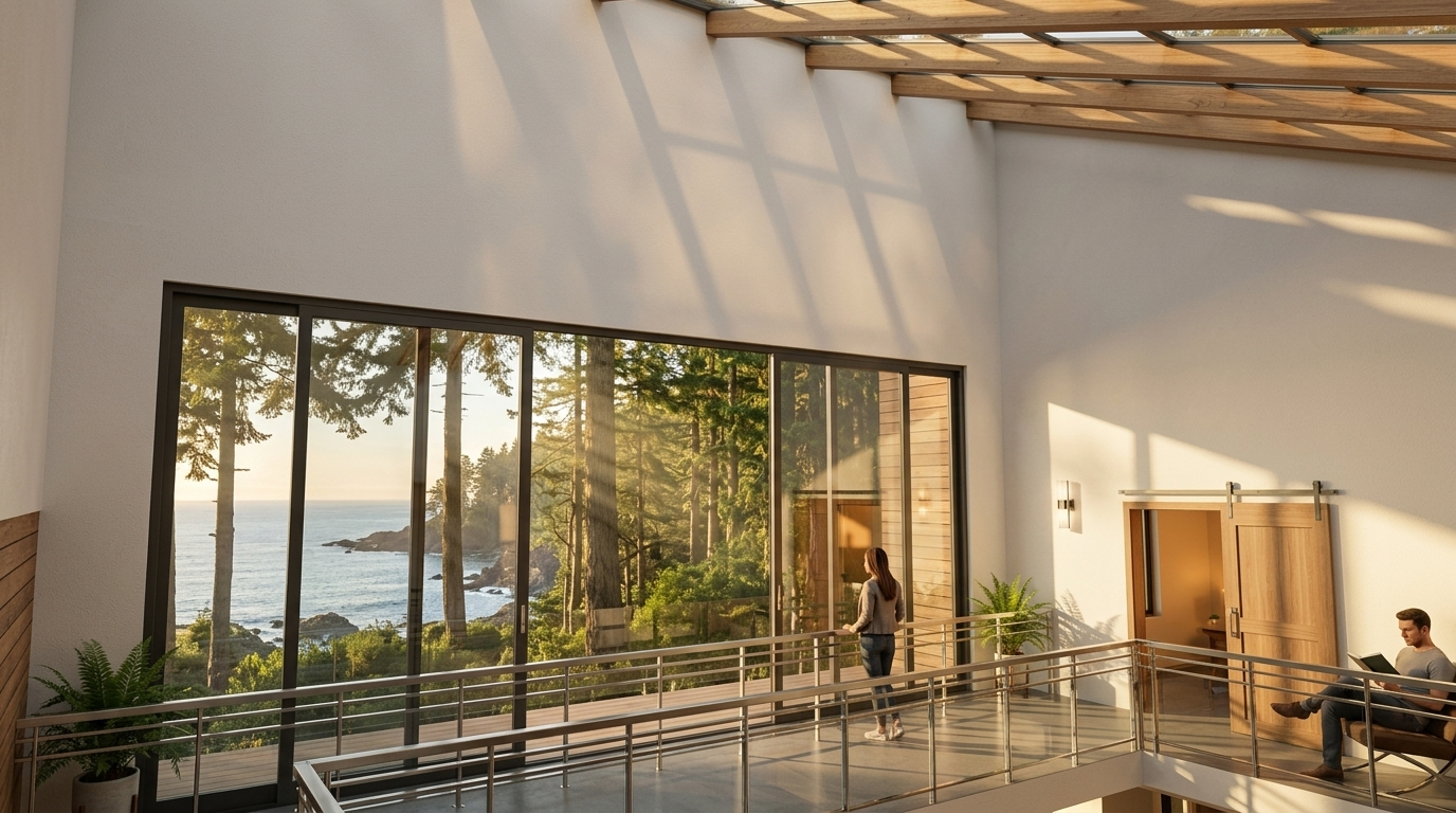 Timber skylight atrium with ocean view window wall, Coos Bay remodel Timber skylight atrium with ocean view window wall, Coos Bay remodel