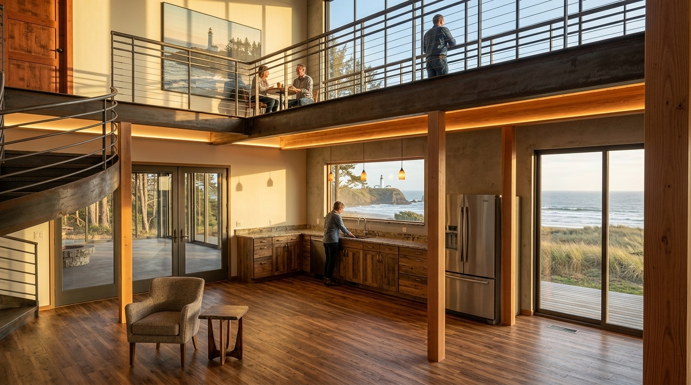 Great room with glulam columns, spiral stair and lighthouse view, Coos Bay remodel Great room with glulam columns, spiral stair and lighthouse view, Coos Bay remodel
