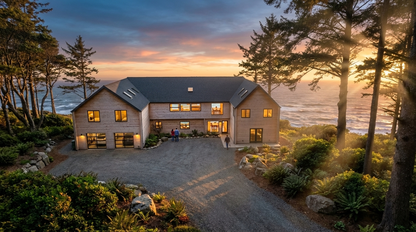 Lighthouse Home Remodel exterior at sunset, Coos Bay Oregon Lighthouse Home Remodel exterior at sunset, Coos Bay Oregon